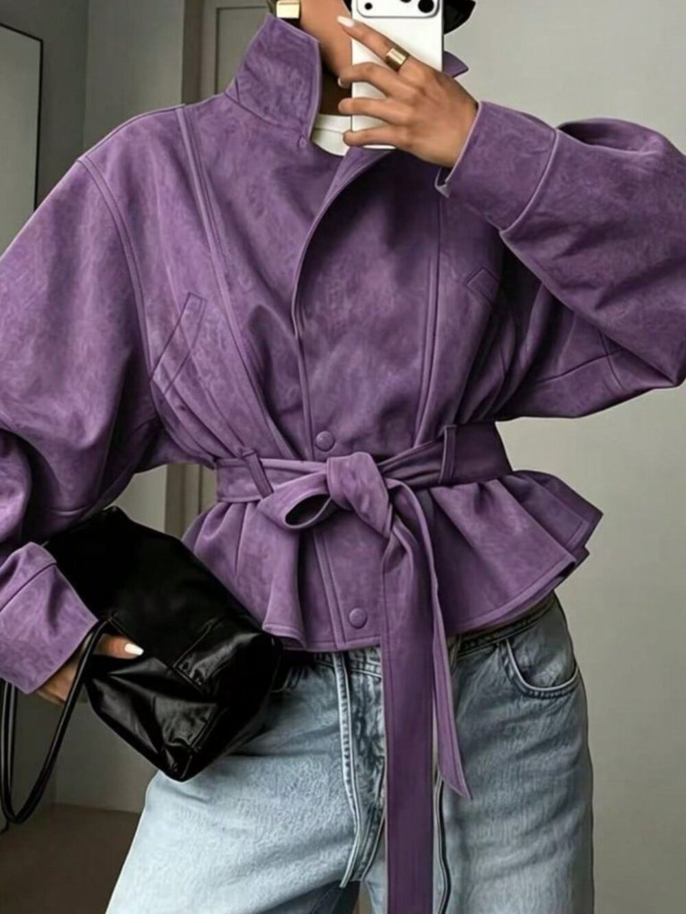 Purple Casual Women's Belted Crop Moto Jacket